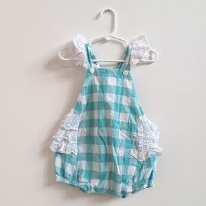Ricrac Ruffles Sunsuit Boutique Baby Girls Sz 12m Teal Gingham Southern Preppy